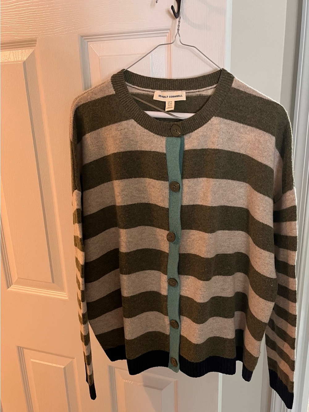Seasalt Cornwell Striped Olive & Cream Button-Front Sweater Cardigan - Picture 6 of 10